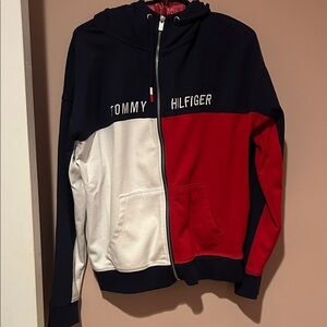 Tommy Hilfiger Navy, White, and Red Zip-Up Hoodie
